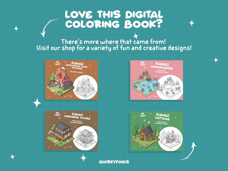 May include: Four digital coloring book covers featuring illustrations of a fairy cottage, underwater scene, Japanese house, and a cottage. Each cover has a title and a colorable version of the illustration.