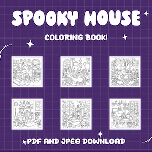 May include: A digital coloring book titled SPOOKY HOUSE COLORING BOOK! featuring six square black and white line art illustrations of various rooms with Halloween themes. The text PDF AND JPEG DOWNLOAD is included at the bottom of the purple grid.