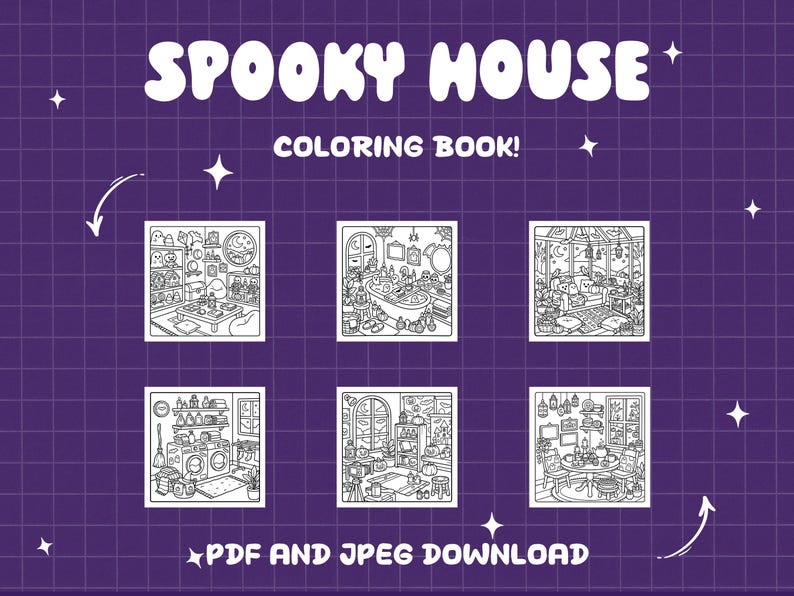 May include: A digital coloring book titled SPOOKY HOUSE COLORING BOOK! featuring six square black and white line art illustrations of various rooms with Halloween themes. The text PDF AND JPEG DOWNLOAD is included at the bottom of the purple grid.