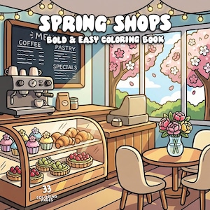May include: A colorful illustration of a cafe scene with the text "SPRING SHOPS BOLD & EASY COLORING BOOK." The cafe features a coffee machine, pastry display, and a table with chairs. Cherry blossom trees are visible through the window.