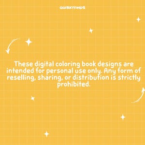 May include: A yellow background with a grid pattern and white star accents. Text states: "These digital coloring book designs are intended for personal use only. Any form of reselling, sharing, or distribution is strictly prohibited."