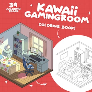 Puede incluir: Ilustración isométrica de un libro para colorear "Kawaii Gamingroom". La imagen muestra un dormitorio y una configuración de juego con una cama, un escritorio y una computadora. Se muestra el texto "39 Coloring Pages" y "Kawaii Gamingroom Coloring Book!"