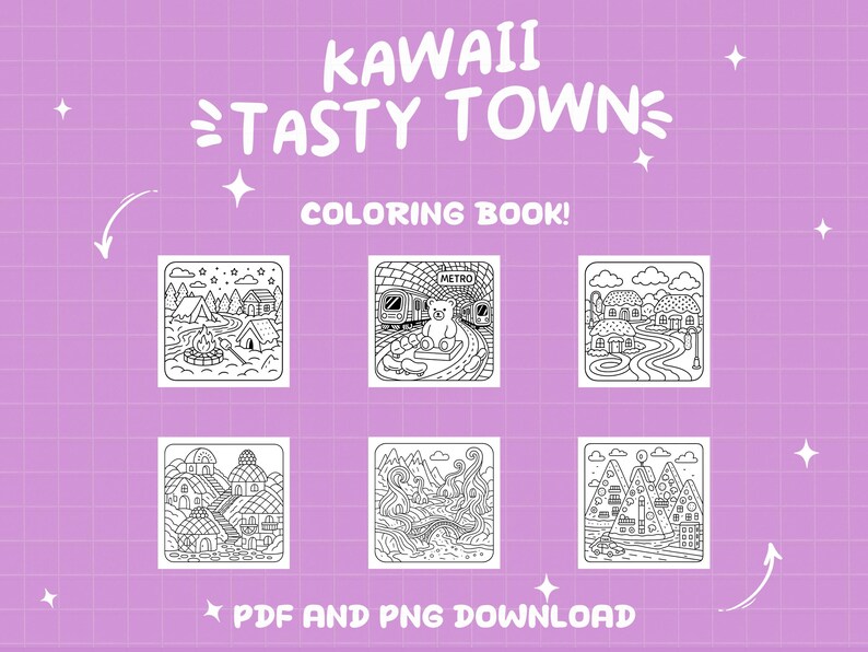 May include: A purple background with the text "KAWAII TASTY TOWN" and "COLORING BOOK!" in white. Below are six black and white illustrations of scenes, including a campsite, a bear on a train, and a town. The text "PDF AND PNG DOWNLOAD" is at the bottom.