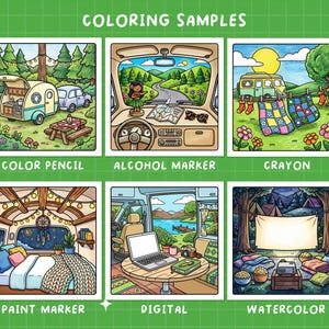 May include: A digital illustration showcasing six coloring samples. Each sample depicts a different scene, including a camper, a car interior, and a campsite. The samples are labeled with the coloring medium used: color pencil, alcohol marker, crayon, paint marker, digital, and watercolor.