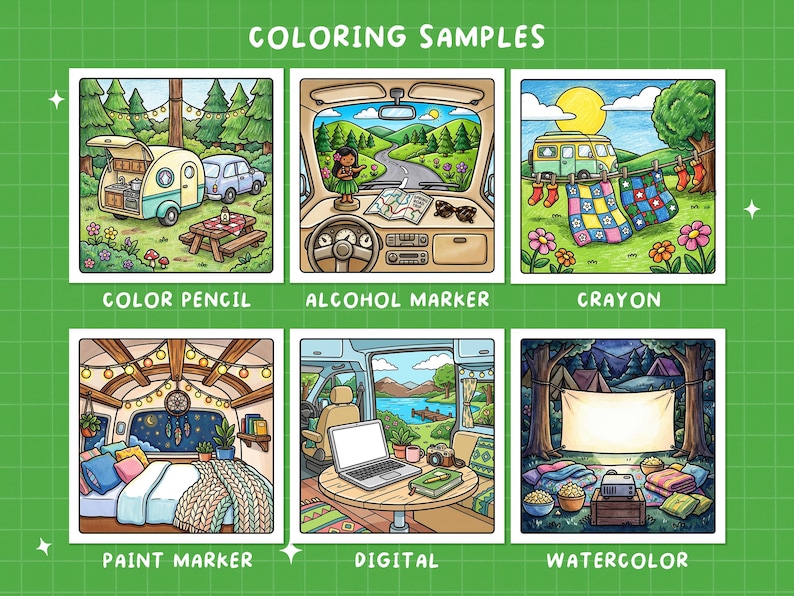 May include: A digital illustration showcasing six coloring samples. Each sample depicts a different scene, including a camper, a car interior, and a campsite. The samples are labeled with the coloring medium used: color pencil, alcohol marker, crayon, paint marker, digital, and watercolor.
