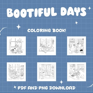 K&ouml;nnte beinhalten: Blauer Hintergrund mit den Worten "BOOTIFUL DAYS" und "COLORING BOOK!" in Wei&szlig;. Das Bild zeigt sechs Schwarz-Wei&szlig;-Illustrationen von Geistern in verschiedenen gem&uuml;tlichen Umgebungen. Der Text unten lautet "PDF AND PNG DOWNLOAD".