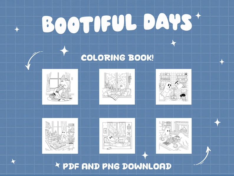 K&ouml;nnte beinhalten: Blauer Hintergrund mit den Worten "BOOTIFUL DAYS" und "COLORING BOOK!" in Wei&szlig;. Das Bild zeigt sechs Schwarz-Wei&szlig;-Illustrationen von Geistern in verschiedenen gem&uuml;tlichen Umgebungen. Der Text unten lautet "PDF AND PNG DOWNLOAD".
