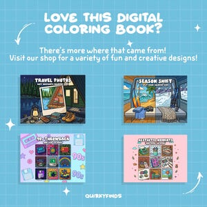 K&ouml;nnte beinhalten: Ein blauer Hintergrund mit wei&szlig;en Sternen und Rasterlinien zeigt vier digitale Malbuchcover. Die Cover umfassen "Travel Photos", "Season Shift", "90s Throwback" und "Aesthetic Moments". Der Text lautet "Love this digital coloring book?" und "Visit our shop..."