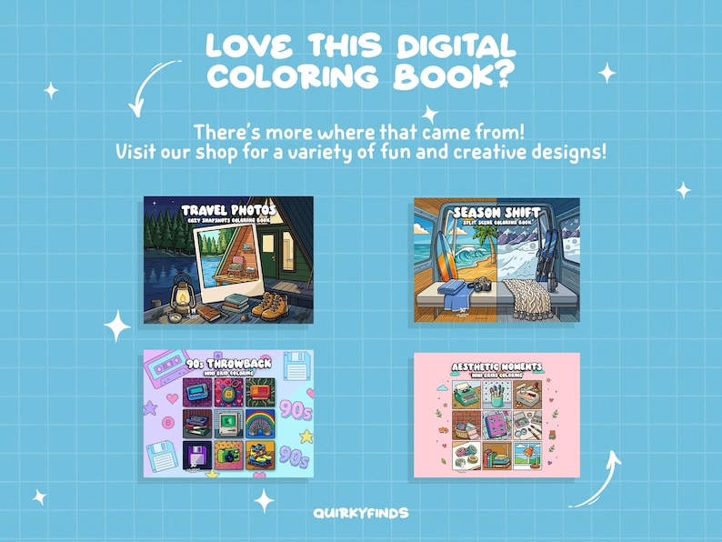 K&ouml;nnte beinhalten: Ein blauer Hintergrund mit wei&szlig;en Sternen und Rasterlinien zeigt vier digitale Malbuchcover. Die Cover umfassen "Travel Photos", "Season Shift", "90s Throwback" und "Aesthetic Moments". Der Text lautet "Love this digital coloring book?" und "Visit our shop..."