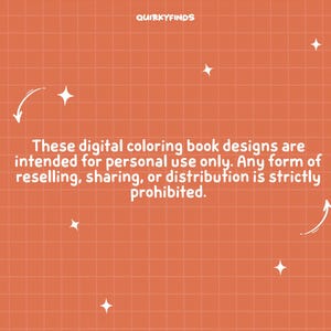 Puede incluir: Fondo naranja con un patr&oacute;n de cuadr&iacute;cula, estrellas blancas y flechas curvas. El texto dice: "Estos dise&ntilde;os de libros para colorear digitales est&aacute;n destinados &uacute;nicamente para uso personal. Cualquier forma de reventa, intercambio o distribuci&oacute;n est&aacute; estrictamente prohibida."