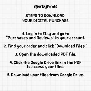 May include: A white background with text detailing how to download a digital purchase from Etsy. The text includes instructions such as logging in, finding the order, and downloading files from Google Drive. The brand name "Quirkyfinds" is at the top.