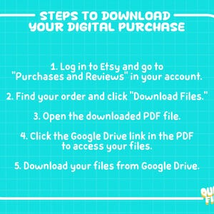 May include: A teal graphic with white text detailing the steps to download a digital purchase. Instructions include logging into Etsy, finding the order, downloading files, and accessing Google Drive. The Quirky Finds logo is in the bottom right corner.