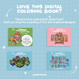 May include: Four digital coloring book covers featuring kawaii illustrations. The covers are pink, green, and blue with white text. The illustrations include mushrooms, bakery racks, a floating island, and a girl with Y2K style accessories. The text on the covers reads "Kawaii Mushroom Land", "Kawaii Bakery Racks", "Kawaii Floating Island", and "Kawaii Y2K Girl".