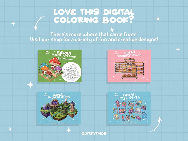 May include: Four digital coloring book covers featuring kawaii illustrations. The covers are pink, green, and blue with white text. The illustrations include mushrooms, bakery racks, a floating island, and a girl with Y2K style accessories. The text on the covers reads "Kawaii Mushroom Land", "Kawaii Bakery Racks", "Kawaii Floating Island", and "Kawaii Y2K Girl".