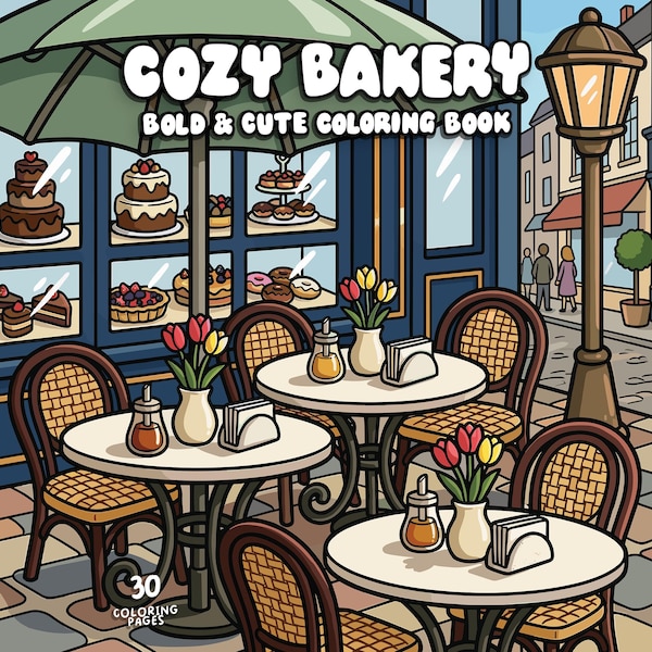 Cozy bakery coloring book adult coloring cafe shop coloring store hygge coloring cute food coloring digital coloring pages printable PDF JPG