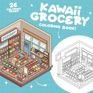 May include: A coloring book page featuring a kawaii grocery store with shelves stocked with various items. The store is drawn in an isometric style and has a sign that says "Grocery". The page also includes a black and white outline of the store for coloring.