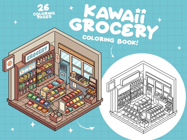 May include: A coloring book page featuring a kawaii grocery store with shelves stocked with various items. The store is drawn in an isometric style and has a sign that says "Grocery". The page also includes a black and white outline of the store for coloring.