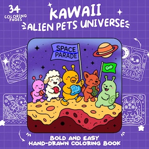Peut inclure: Une couverture de livre de coloriage avec un fond violet et une illustration de cinq animaux de compagnie extraterrestres en dessin anim&eacute;. Le titre du livre est "Kawaii Alien Pets Universe" et le sous-titre est "Livre de coloriage &agrave; la main audacieux et facile".