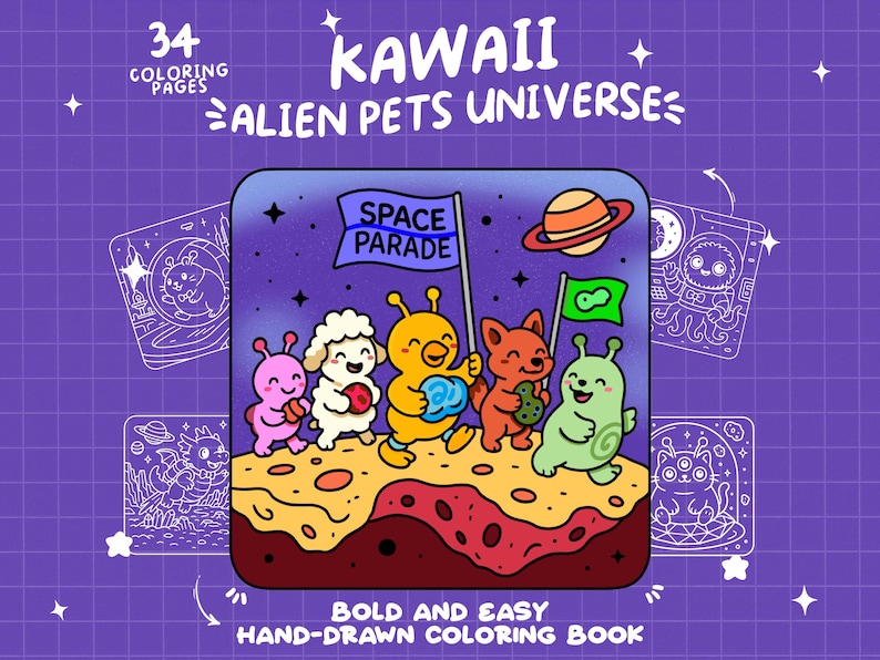 Peut inclure: Une couverture de livre de coloriage avec un fond violet et une illustration de cinq animaux de compagnie extraterrestres en dessin anim&eacute;. Le titre du livre est "Kawaii Alien Pets Universe" et le sous-titre est "Livre de coloriage &agrave; la main audacieux et facile".