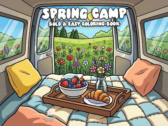 Spring coloring printable camping coloring nature forest coloring outdoor landscape coloring scenes cute cozy coloring book for kids adults