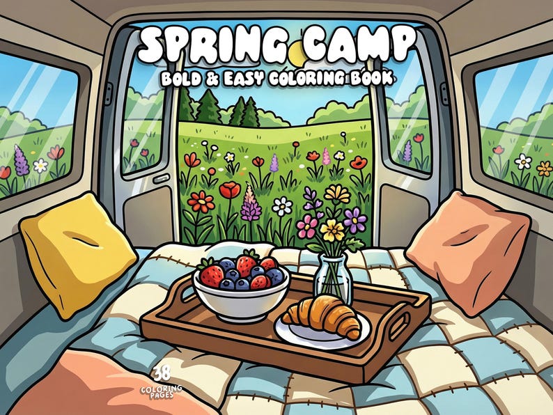 May include: A colorful illustration of a coloring book titled "Spring Camp: Bold & Easy Coloring Book." The image shows a van interior with a tray of food, pillows, and a view of a flower-filled meadow. A bowl of berries and a croissant are on the tray.