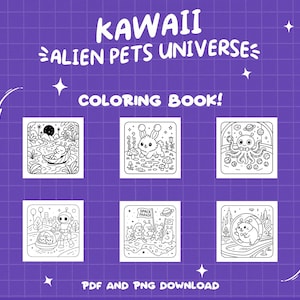 Peut inclure: Pages de coloriage en noir et blanc repr&eacute;sentant de jolis animaux extraterrestres dans diff&eacute;rentes sc&egrave;nes sur le th&egrave;me de l'espace. Le titre du livre est "Kawaii Alien Pets Universe Coloring Book!" avec le texte "PDF et PNG Download" en bas.
