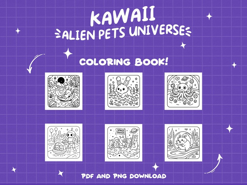 Peut inclure: Pages de coloriage en noir et blanc repr&eacute;sentant de jolis animaux extraterrestres dans diff&eacute;rentes sc&egrave;nes sur le th&egrave;me de l'espace. Le titre du livre est "Kawaii Alien Pets Universe Coloring Book!" avec le texte "PDF et PNG Download" en bas.