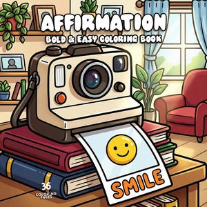 May include: A cartoon image of a camera with a photo that says "SMILE" and a yellow smiley face. The camera is on top of a stack of books. The text "AFFIRMATION BOLD & EASY COLORING BOOK" is at the top.