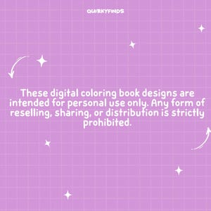 May include: A light purple background with a grid pattern and white star and arrow graphics. Text in the image reads: "These digital coloring book designs are intended for personal use only. Any form of reselling, sharing, or distribution is strictly prohibited."