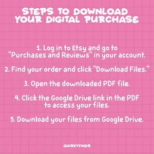 May include: Pink and white graphic with a grid pattern and the text "STEPS TO DOWNLOAD YOUR DIGITAL PURCHASE".  The graphic lists five steps for downloading digital purchases from Etsy.