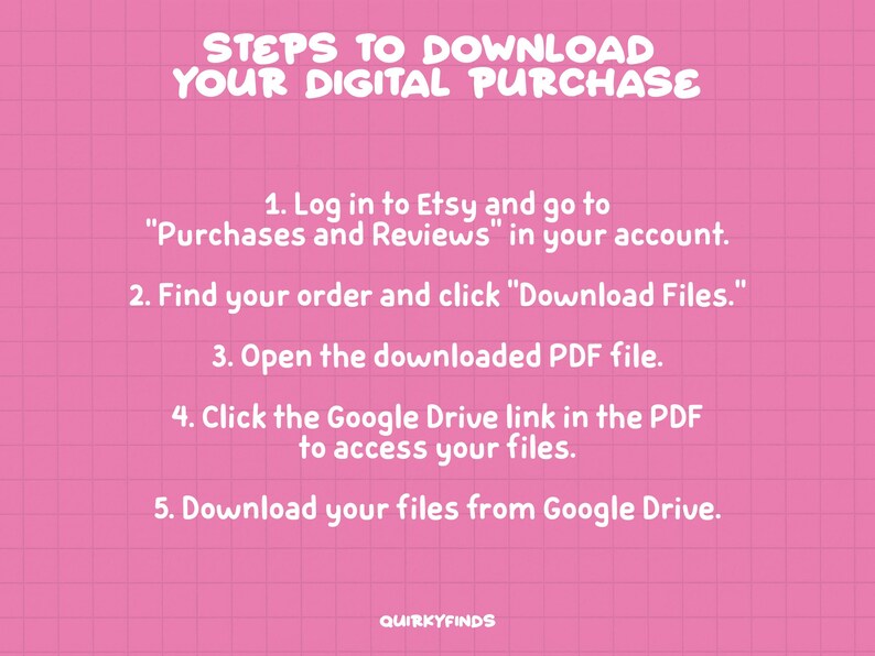 May include: Pink and white graphic with a grid pattern and the text "STEPS TO DOWNLOAD YOUR DIGITAL PURCHASE".  The graphic lists five steps for downloading digital purchases from Etsy.
