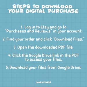 Puede incluir: Un gr&aacute;fico azul y blanco con el texto "STEPS TO DOWNLOAD YOUR DIGITAL PURCHASE" y una lista de cinco pasos para descargar compras digitales de Etsy. Los pasos incluyen iniciar sesi&oacute;n en Etsy, encontrar tu pedido, hacer clic en "Download Files", abrir el archivo PDF descargado, hacer clic en el enlace de Google Drive en el PDF para acceder a tus archivos y descargar tus archivos desde Google Drive.