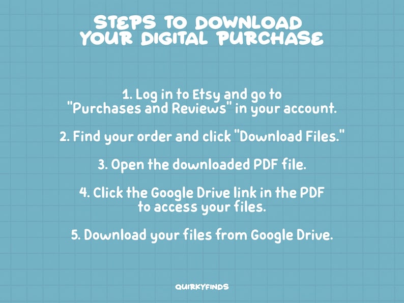 Puede incluir: Un gr&aacute;fico azul y blanco con el texto "STEPS TO DOWNLOAD YOUR DIGITAL PURCHASE" y una lista de cinco pasos para descargar compras digitales de Etsy. Los pasos incluyen iniciar sesi&oacute;n en Etsy, encontrar tu pedido, hacer clic en "Download Files", abrir el archivo PDF descargado, hacer clic en el enlace de Google Drive en el PDF para acceder a tus archivos y descargar tus archivos desde Google Drive.
