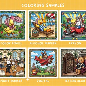 May include: A series of vibrant illustrations demonstrating colouring techniques. The images depict charming characters such as ducks and rabbits in diverse scenes, including a beach and a dance hall. The text "COLORING SAMPLES" is displayed at the top.