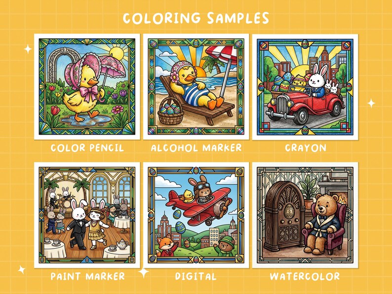 May include: A series of vibrant illustrations demonstrating colouring techniques. The images depict charming characters such as ducks and rabbits in diverse scenes, including a beach and a dance hall. The text "COLORING SAMPLES" is displayed at the top.