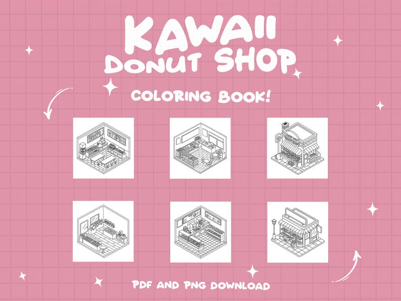 Pu&ograve; includere: Pagine da colorare in bianco e nero che mostrano diverse viste di una pasticceria kawaii. Il testo "KAWAII DONUT SHOP COLORING BOOK!" &egrave; in alto nell'immagine. Il download di PDF e PNG &egrave; menzionato in basso.