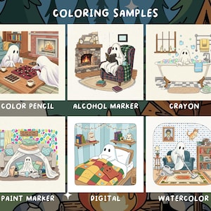K&ouml;nnte beinhalten: Eine Illustration mit dem Text &bdquo;COLORING SAMPLES&ldquo; zeigt sechs Panels mit Geisterfiguren in verschiedenen h&auml;uslichen Umgebungen. Jedes Panel ist mit einem anderen Malmedium beschriftet, darunter Buntstift, Alkoholmarker, Kreide, Farbstift, Digital und Aquarell.