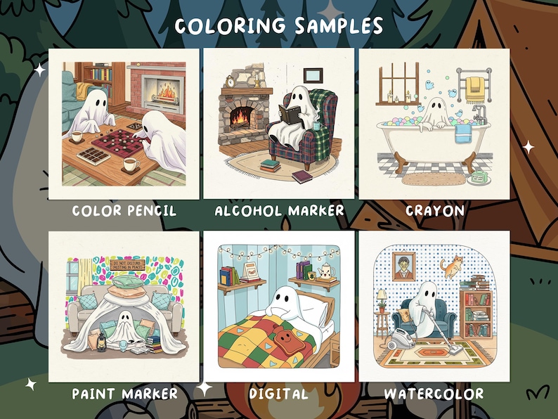 K&ouml;nnte beinhalten: Eine Illustration mit dem Text &bdquo;COLORING SAMPLES&ldquo; zeigt sechs Panels mit Geisterfiguren in verschiedenen h&auml;uslichen Umgebungen. Jedes Panel ist mit einem anderen Malmedium beschriftet, darunter Buntstift, Alkoholmarker, Kreide, Farbstift, Digital und Aquarell.