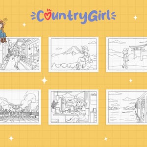 May include: Six black and white illustrations of a girl traveling in Japan. The illustrations include a girl walking down a street, a girl sitting on a mountain, a girl standing in front of a torii gate, a girl walking through a torii gate, a girl sitting at a table in a restaurant, and a girl looking out of a train window.
