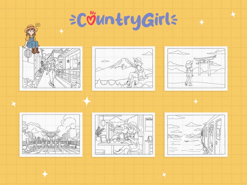 May include: Six black and white illustrations of a girl traveling in Japan. The illustrations include a girl walking down a street, a girl sitting on a mountain, a girl standing in front of a torii gate, a girl walking through a torii gate, a girl sitting at a table in a restaurant, and a girl looking out of a train window.