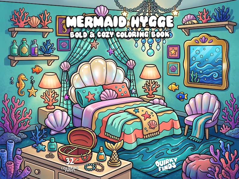 May include: A coloring book titled Mermaid Hygge Bold & Cozy Coloring Book featuring an underwater bedroom scene with a shell-shaped bed, coral lamps, a treasure chest, and sea-themed decor. The illustration includes 32 coloring pages by Quirky Finds.