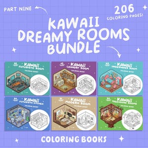 May include: A set of six coloring books featuring kawaii illustrations of dreamy rooms. Each book has a different theme, including futuristic, laundry, underwater, kitchen, modern, and treehouse rooms. The books are part of a larger bundle with 206 coloring pages.