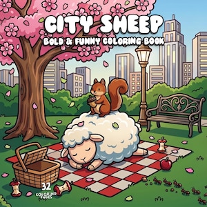 May include: A colorful illustration of a coloring book titled "City Sheep." A sheep rests on a picnic blanket with a squirrel, a picnic basket, and a cityscape in the background. The book has 32 coloring pages.