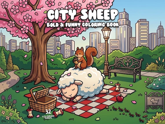 Funny cute animal coloring book sheep coloring bold easy coloring spring scene coloring chill kawaii coloring pages for kids adult printable