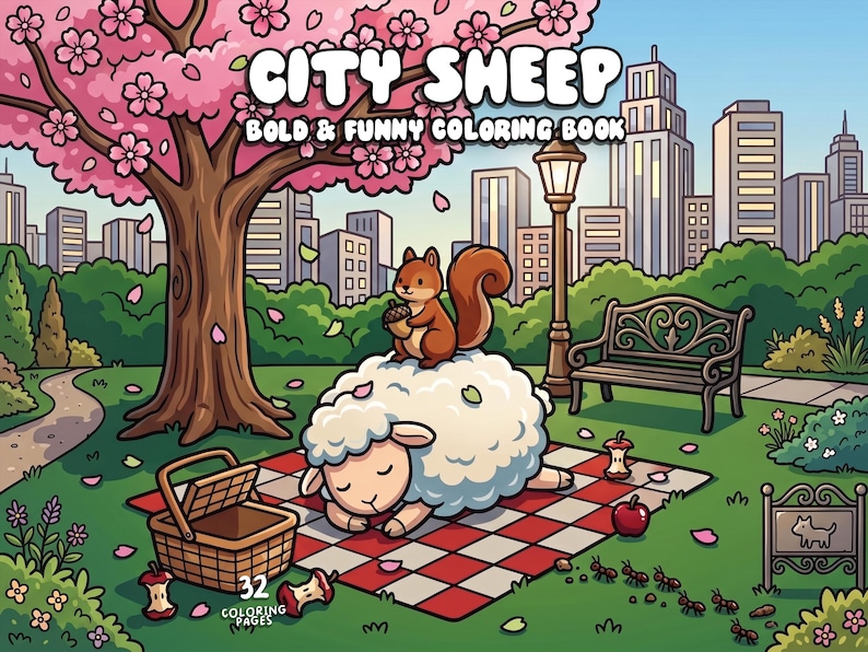 May include: A colorful illustration of a coloring book titled "City Sheep." A sheep rests on a picnic blanket with a squirrel, a picnic basket, and a cityscape in the background. The book has 32 coloring pages.