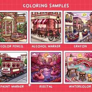 May include: A collection of six colorful illustrations, each showcasing a different coloring technique. The images depict scenes such as a bookstore, cafe, canal, trolley, park with swans, and a painter at work. The text "COLORING SAMPLES" is at the top.