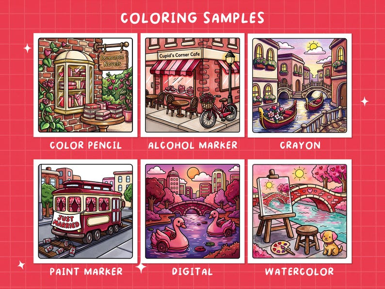 May include: A collection of six colorful illustrations, each showcasing a different coloring technique. The images depict scenes such as a bookstore, cafe, canal, trolley, park with swans, and a painter at work. The text "COLORING SAMPLES" is at the top.