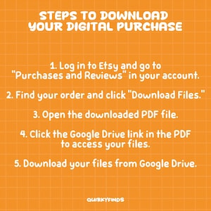 May include: An orange background with a grid pattern displays instructions for downloading digital purchases. Text includes steps to download files from Etsy, including logging in, finding the order, and accessing the Google Drive link.