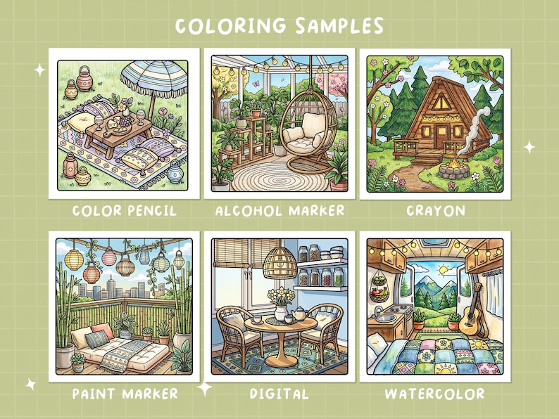 以下が含まれることがあります： 6つのイラスト付き塗り絵サンプル。それぞれ異なるシーンと塗り絵媒体を紹介しています。ピクニック、ハンギングチェアのあるサンルーム、キャビン、バルコニー、ダイニングルーム、キャンピングカーなど。上部には「COLORING SAMPLES」の文字があります。