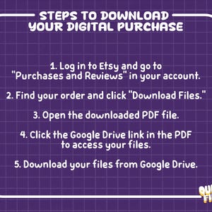 May include: A purple graphic with a white grid pattern and a white border containing the text: STEPS TO DOWNLOAD YOUR DIGITAL PURCHASE. It lists five numbered instructions for accessing files via Etsy and Google Drive, ending with the logo QUIRKY FINDS.